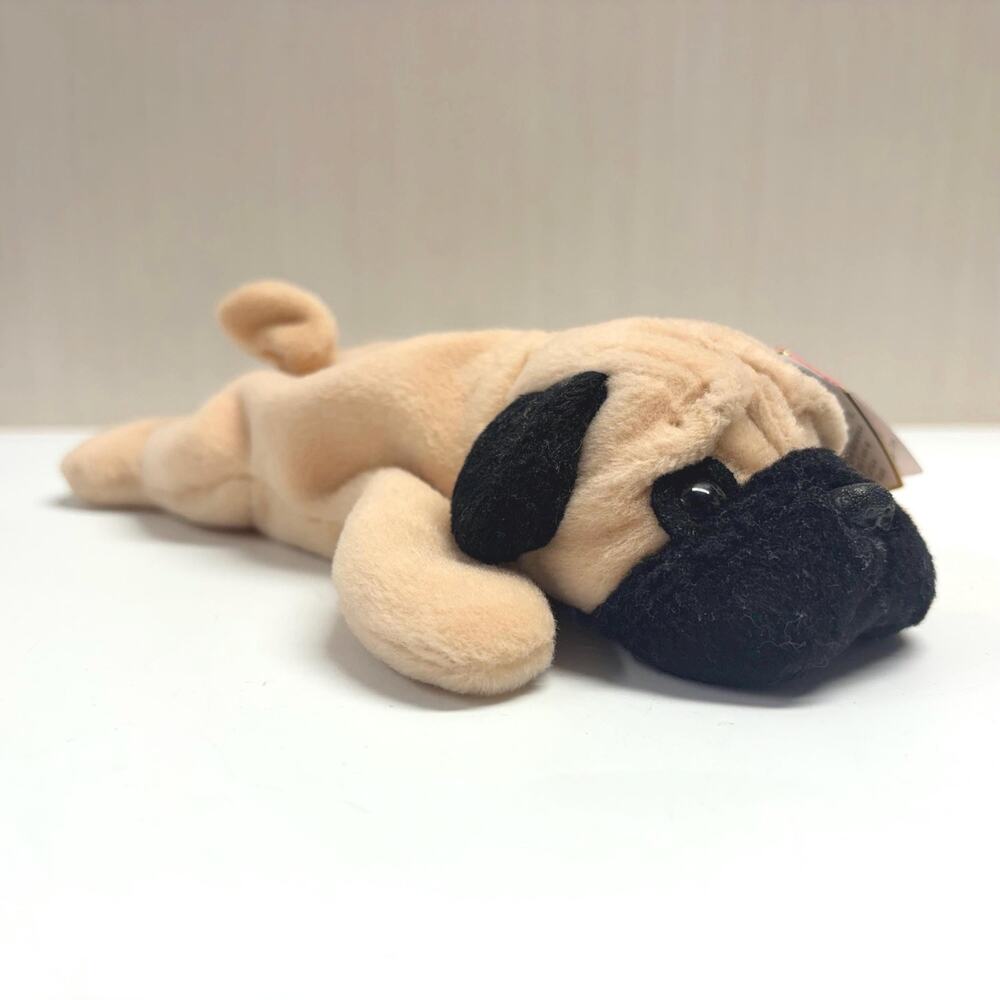 Vintage Pug Dog TY Beanie Baby Pugsly Tan Black Plush Stuffed Animal